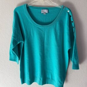 Pure Collection 100% Cashmere Teal Scoop Neck Button Shoulder Sweater US 12